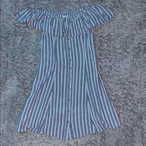Off-the-shoulder, blue dress with white stripes